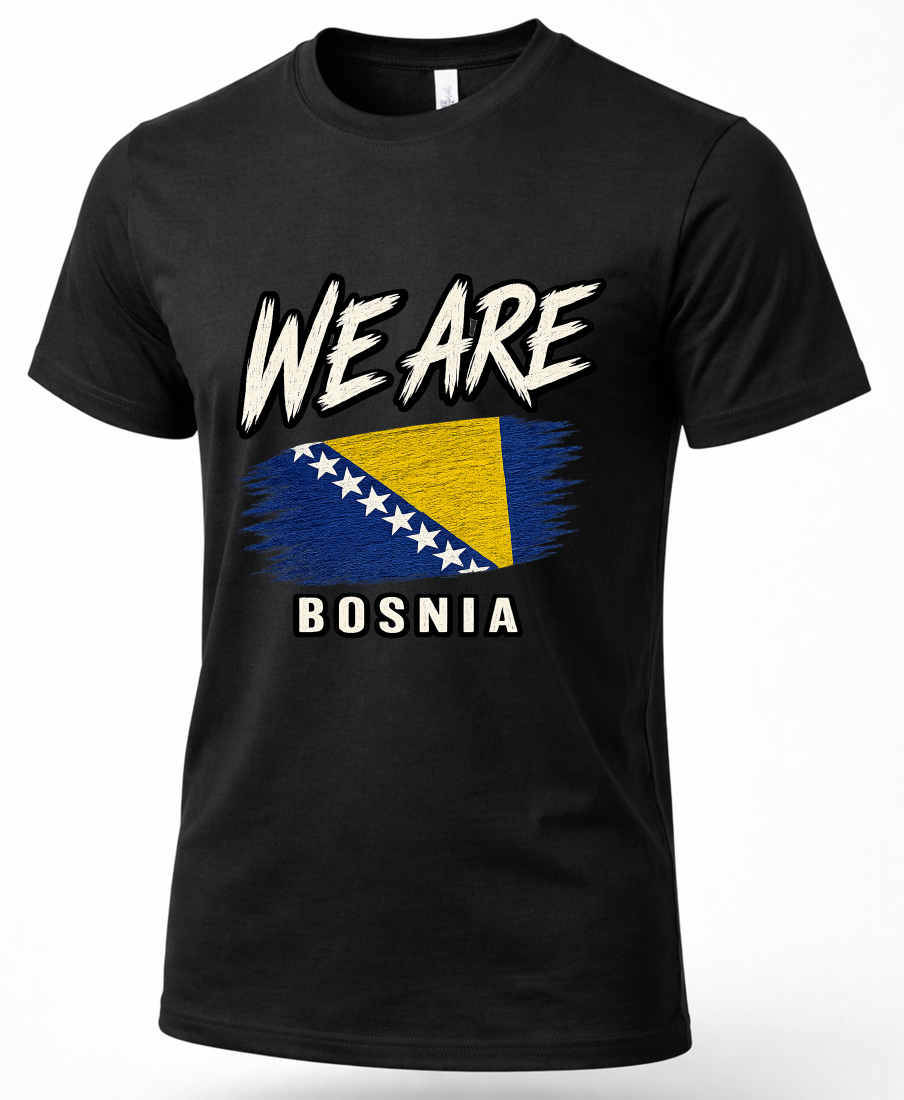 A black short-sleeve crewneck t-shirt featuring a graphic print of the text 'WE ARE' in a distressed white font, above a stylized flag of Bosnia and Herzegovina with its blue and yellow colors and white stars, and 'BOSNIA' printed below in white.