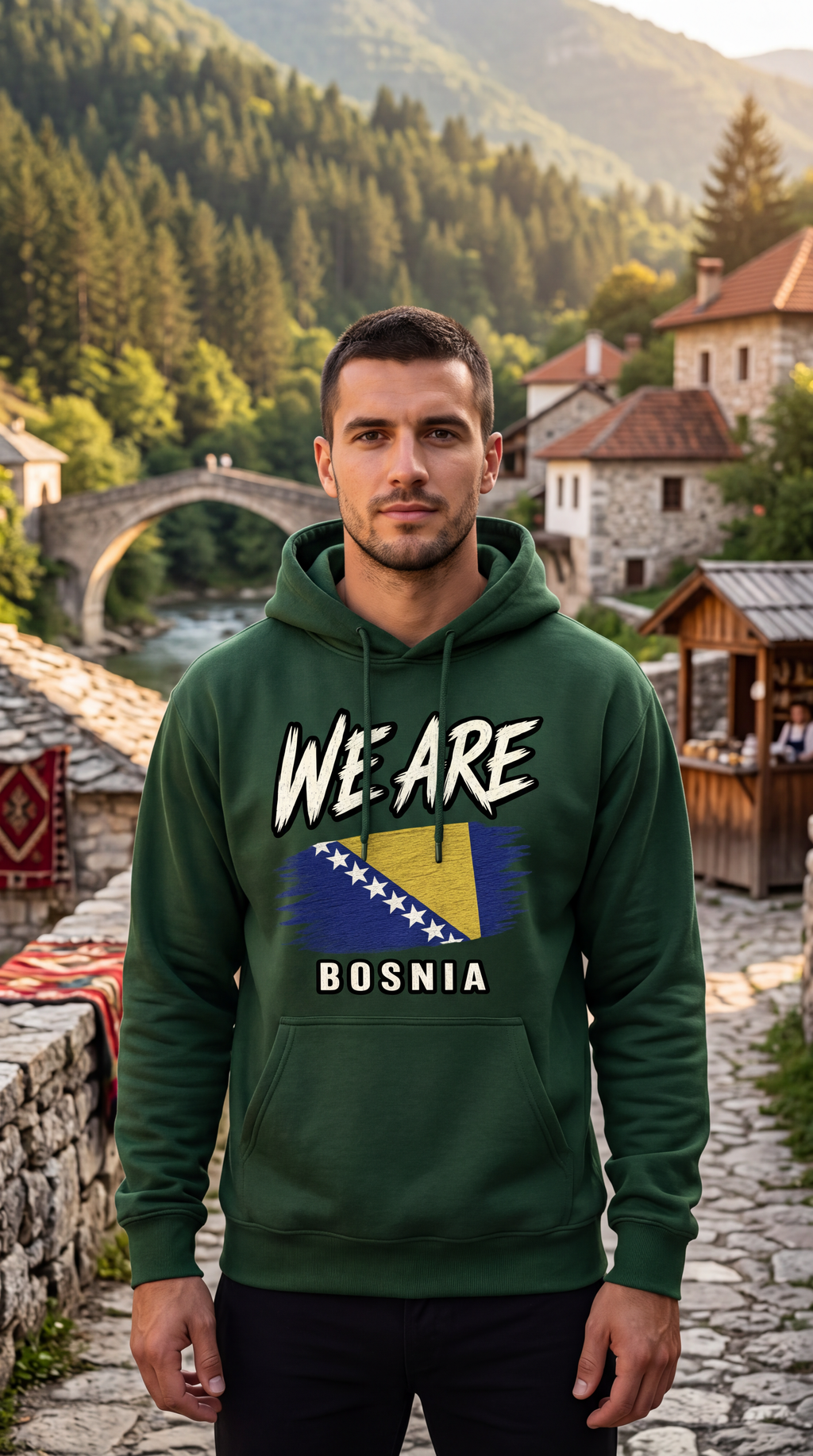 A man wearing a forest green hoodie with a graphic print of the Bosnia and Herzegovina flag and the text 'WE ARE BOSNIA' stands in a scenic outdoor setting with a stone bridge, mountains, and buildings in the background.