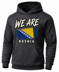 A dark heather gray hoodie featuring a distressed graphic of the Bosnia flag with the text 'WE ARE' above and 'BOSNIA' below, shown on a plain white background.