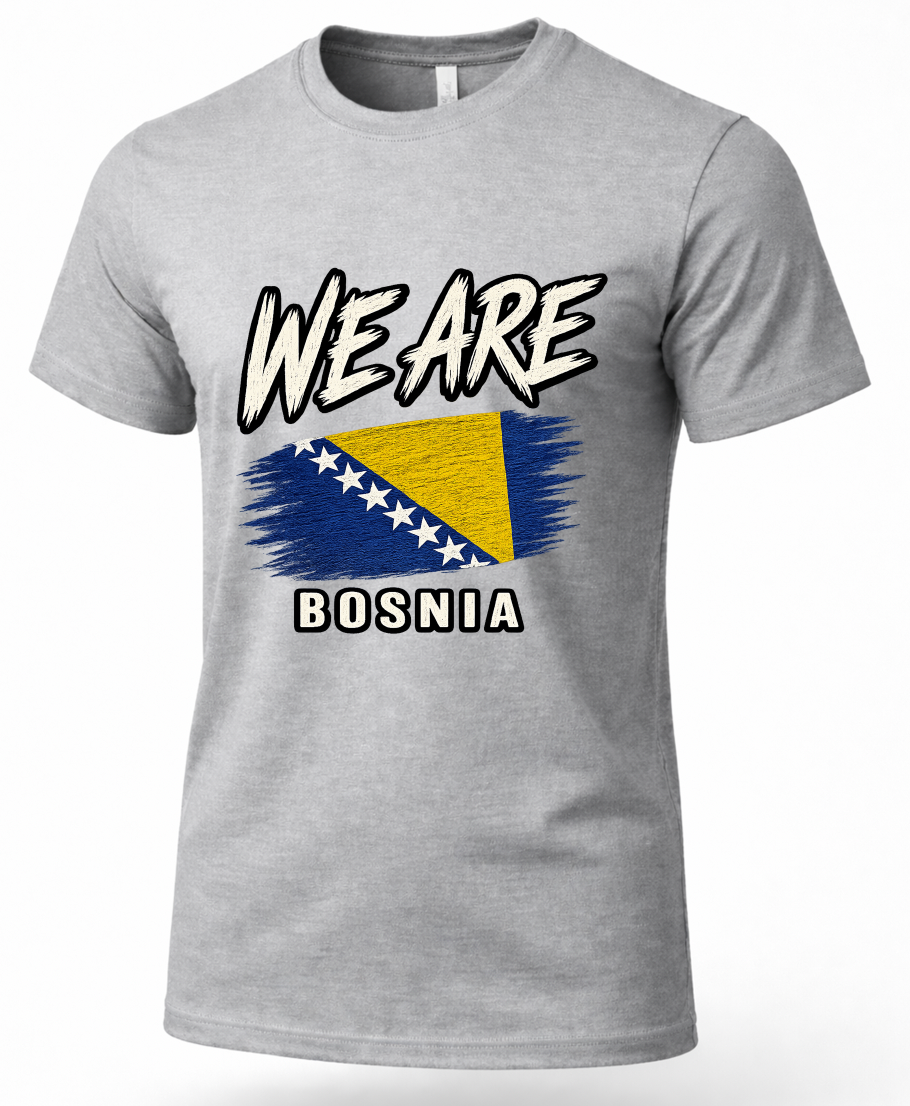 A heather gray short-sleeve t-shirt featuring a graphic print of the Bosnia and Herzegovina flag with the text 'WE ARE' above and 'BOSNIA' below, shown on a plain white background.