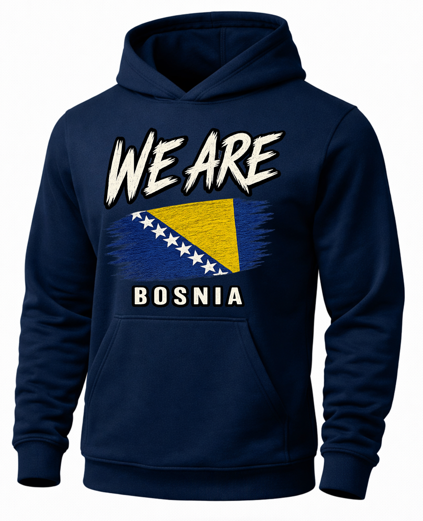 A navy blue pullover hoodie featuring a graphic print of the Bosnia and Herzegovina flag with the text 'WE ARE' above and 'BOSNIA' below, shown on a plain white background.