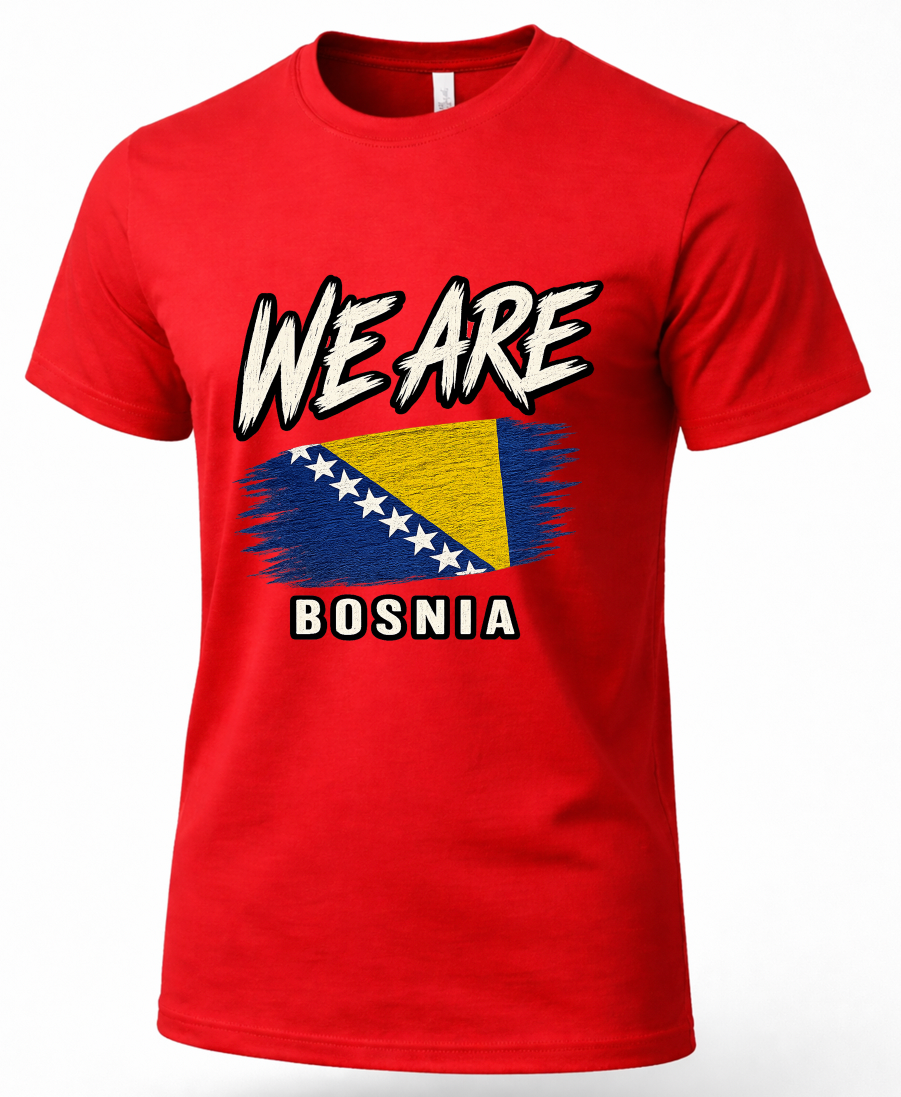 A red short-sleeve crewneck t-shirt featuring a graphic print of the text 'WE ARE' above the Bosnia flag and 'BOSNIA' below, displayed on a clean white background.