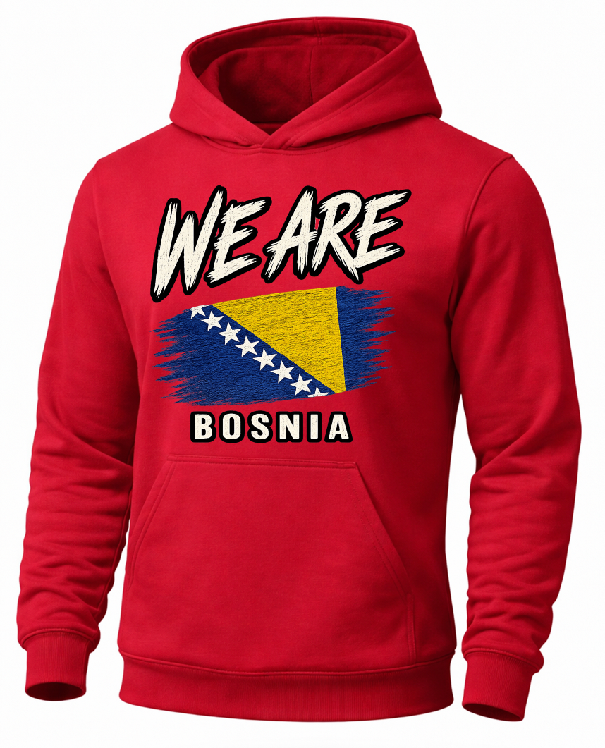 A red pullover hoodie featuring a graphic print of the Bosnia flag with the text 'WE ARE' above and 'BOSNIA' below, shown on a plain white background.