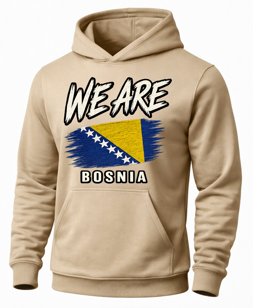 A beige pullover hoodie with a graphic print on the front featuring the text 'WE ARE BOSNIA' and the Bosnia flag. The hoodie is shown against a plain white background.