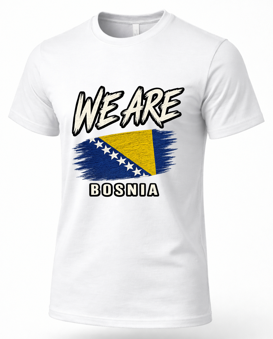 A white short-sleeve crewneck t-shirt featuring a graphic print of the text 'WE ARE' in a stylized black and white font, above a distressed Bosnia and Herzegovina flag, with 'BOSNIA' printed below in black and white.