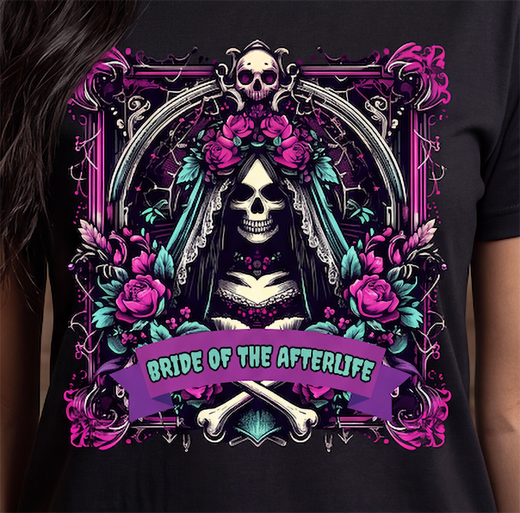 Close-up of Bride of the Afterlife skeleton bride graphic with skulls, roses and bones