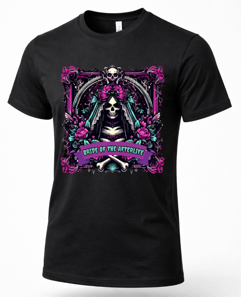 Black skeleton bride graphic T-shirt featuring skull bride, pink roses and gothic artwork