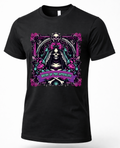 Black skeleton bride graphic T-shirt featuring skull bride, pink roses and gothic artwork