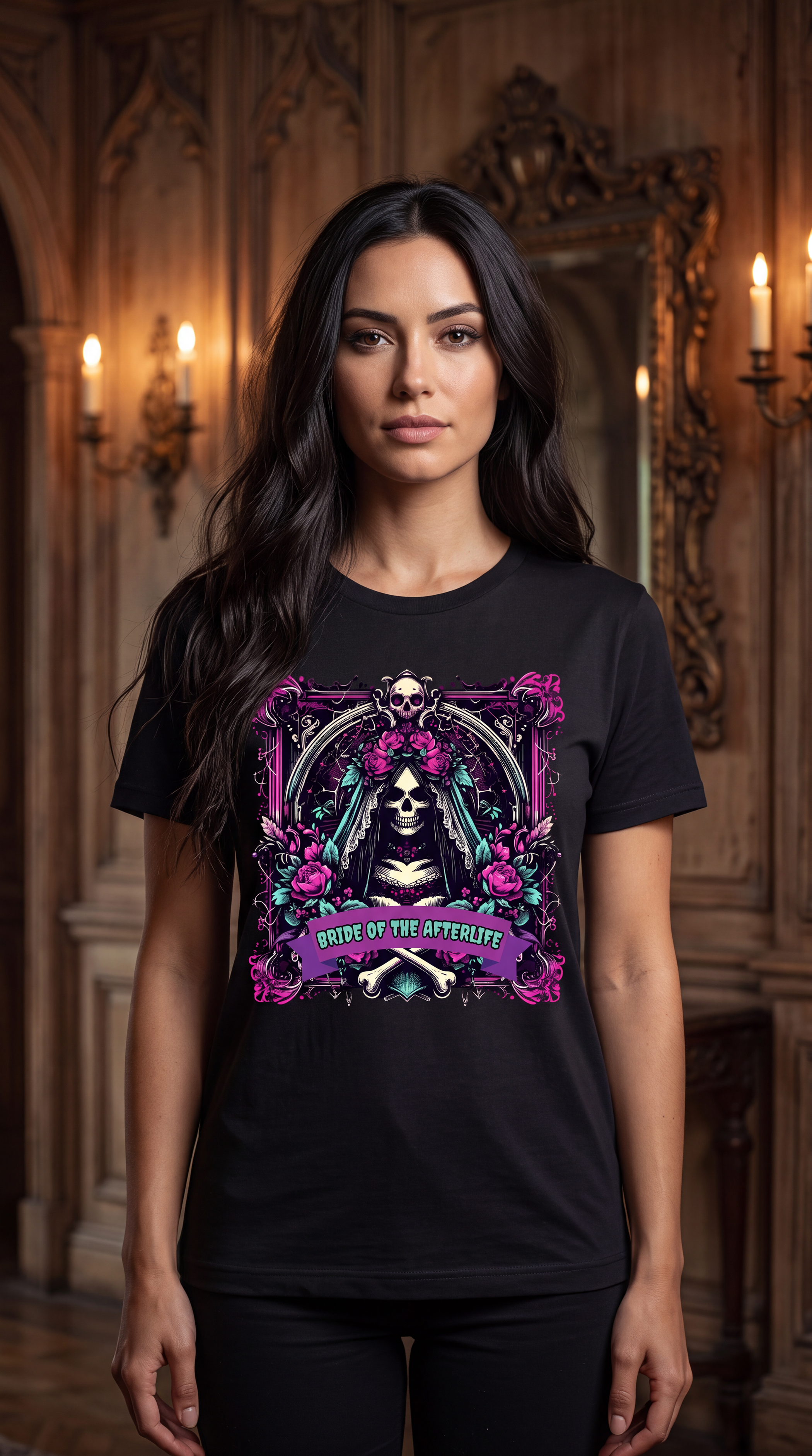 Female model wearing black skeleton bride shirt with gothic Bride of the Afterlife graphic