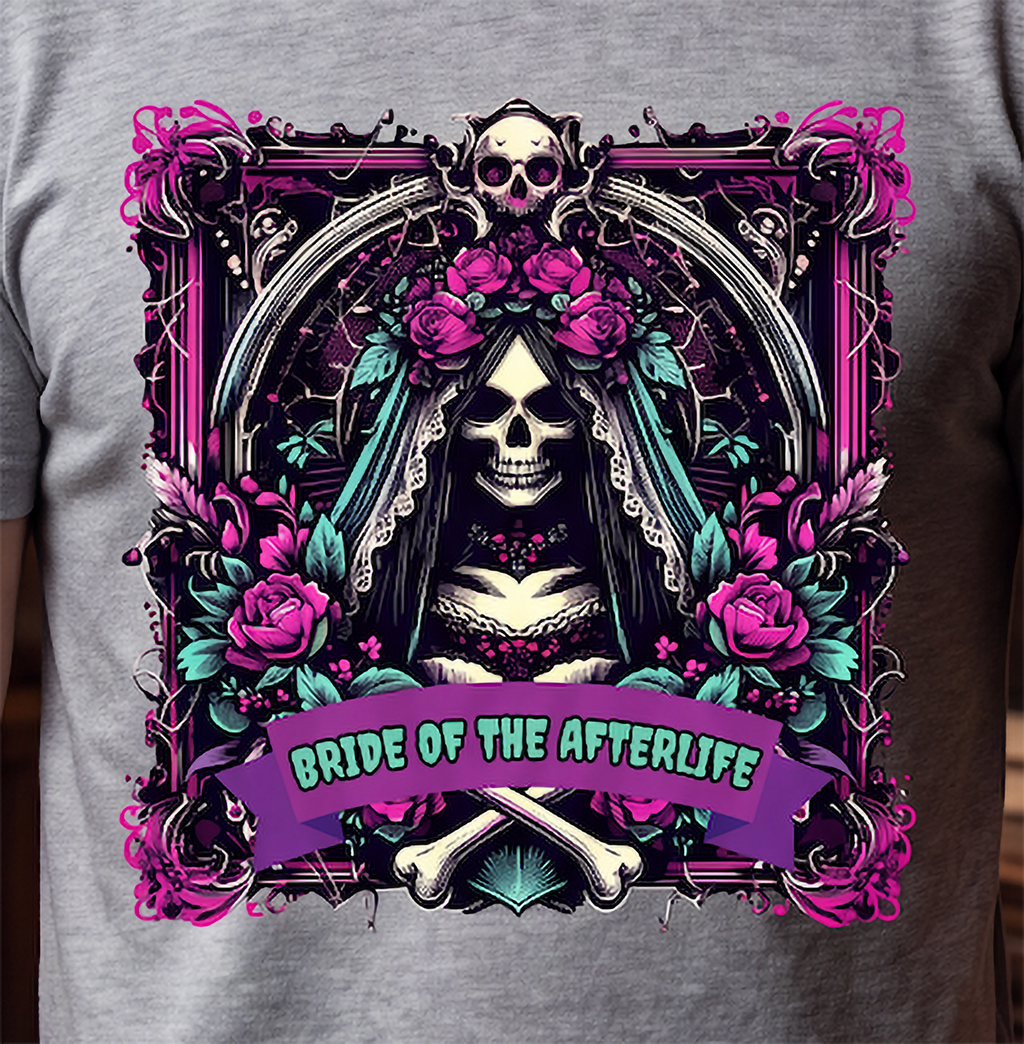 Close-up of gothic skeleton bride graphic on heather gray shirt with skulls, roses and ornate frame