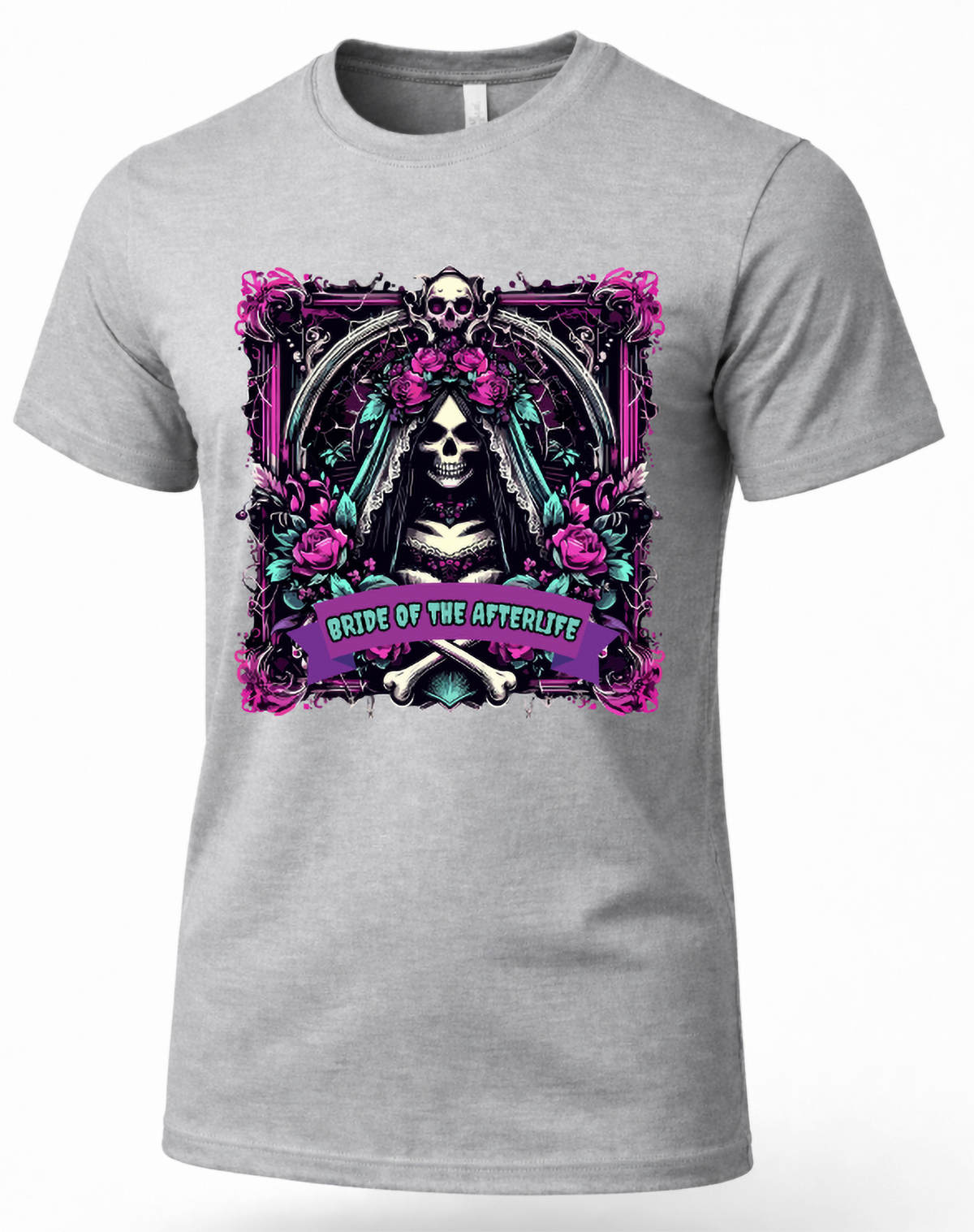 Heather gray skeleton bride graphic T-shirt featuring veiled skull bride, roses and bones