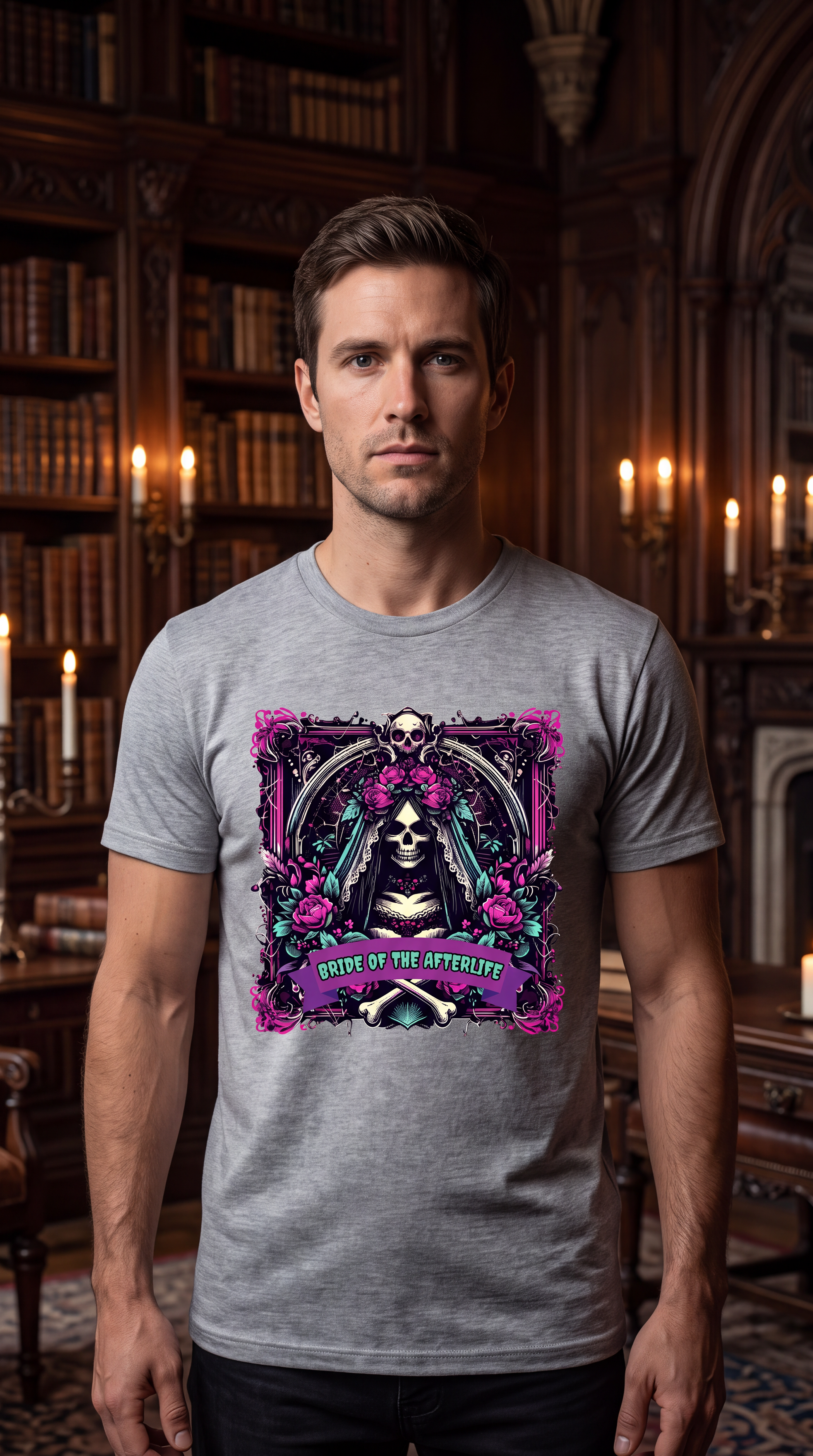 Male model wearing heather gray skeleton bride shirt with gothic floral graphic