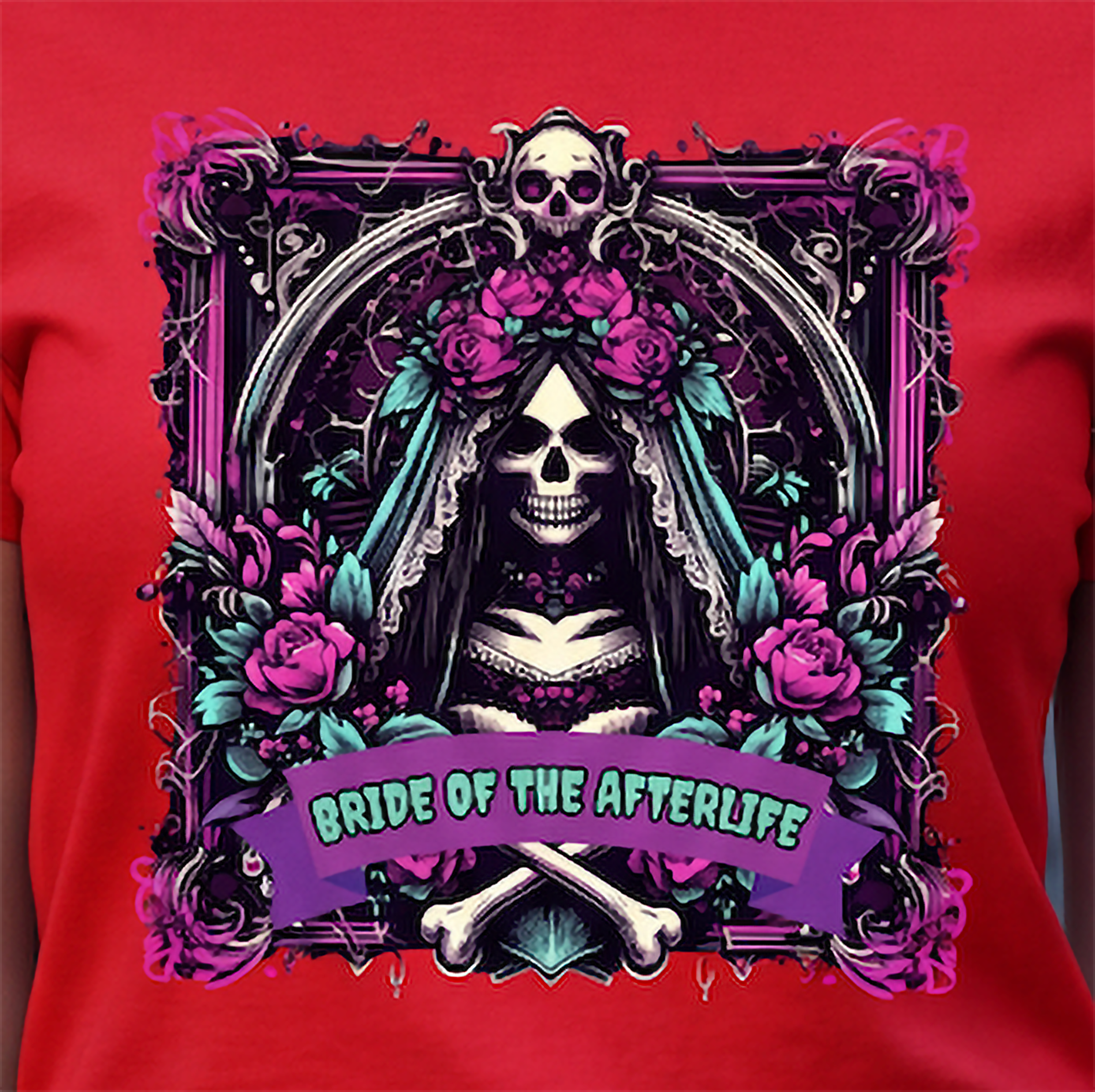 Close-up of Bride of the Afterlife graphic on red shirt with skeleton bride and pink roses