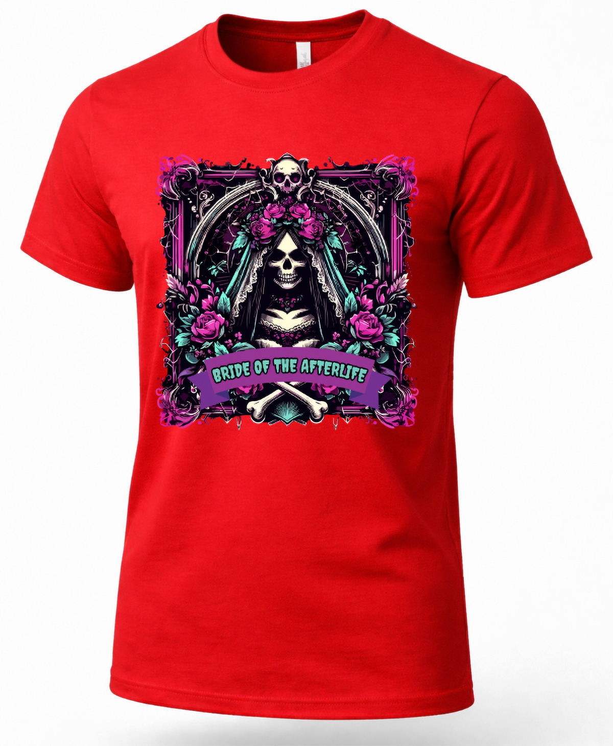 Red gothic skeleton bride shirt featuring skull bride, roses, bones and dark floral artwork
