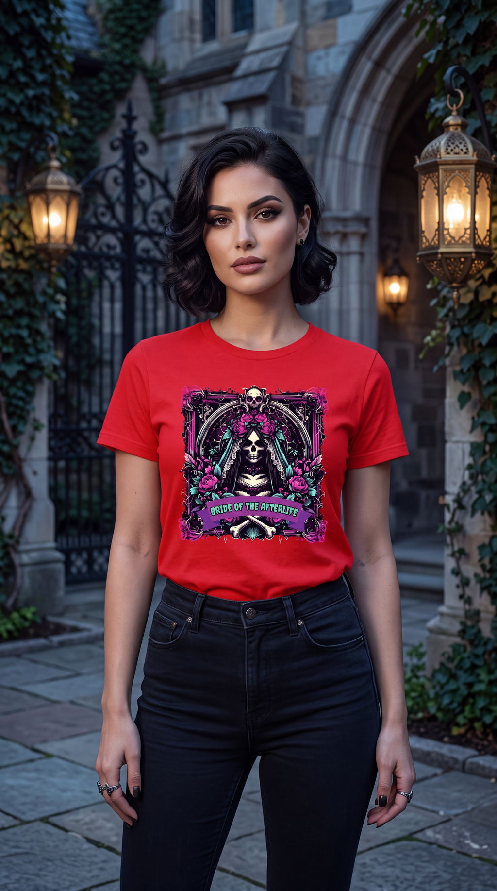 Female model wearing red skeleton bride graphic T-shirt with Bride of the Afterlife design