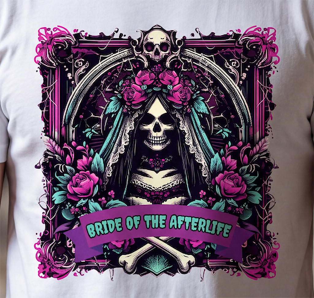 Close-up of skeleton bride graphic on white shirt with roses, skulls and ornate gothic details