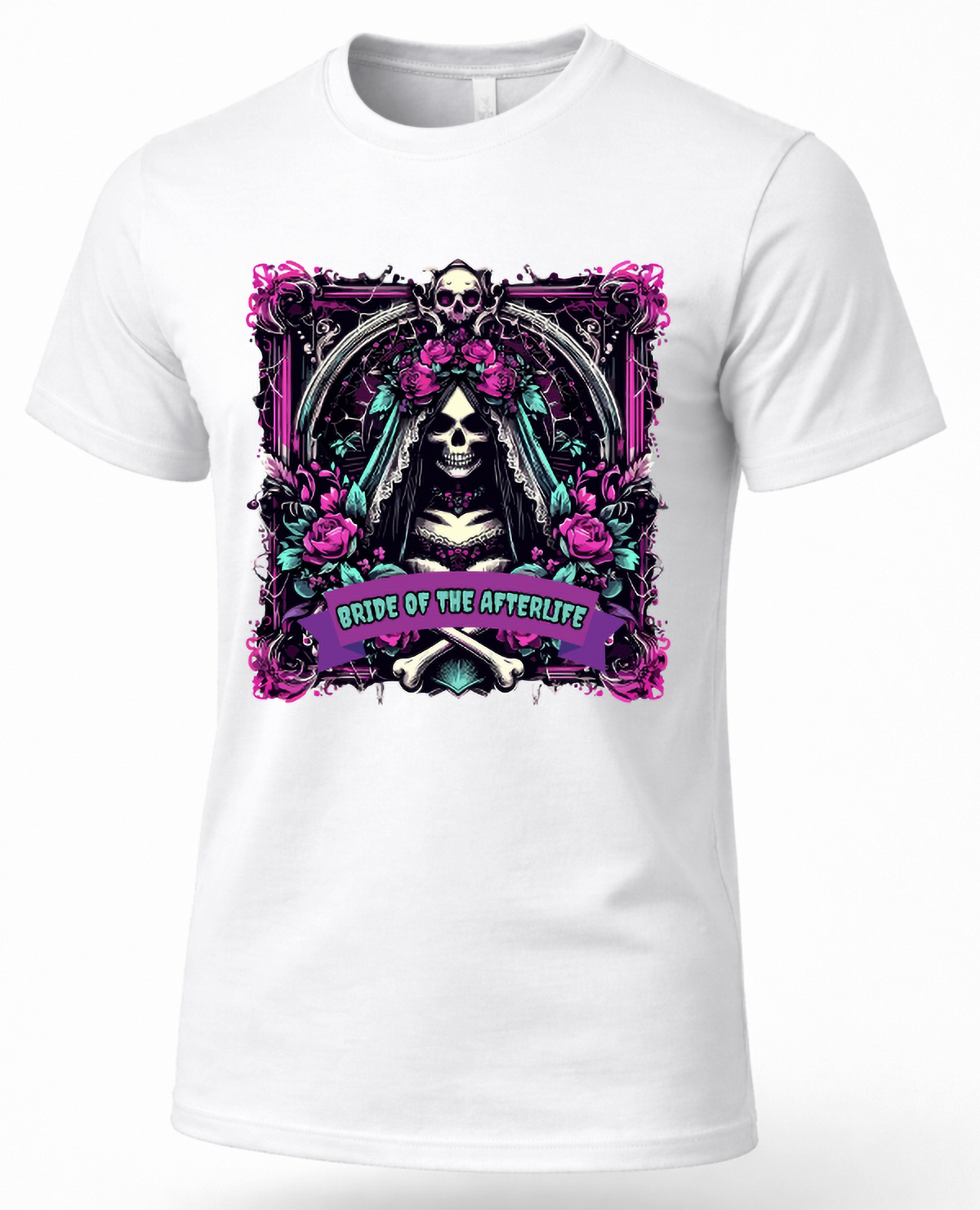 White skeleton bride shirt featuring veiled skull bride, pink roses, bones and gothic floral art