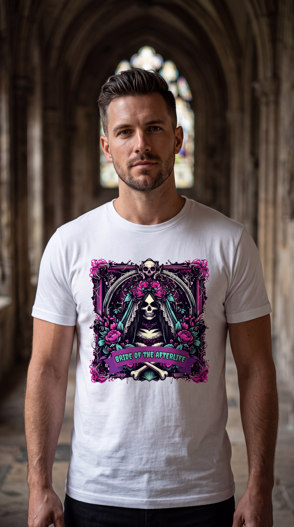 Male model wearing white gothic skeleton bride graphic T-shirt outdoors