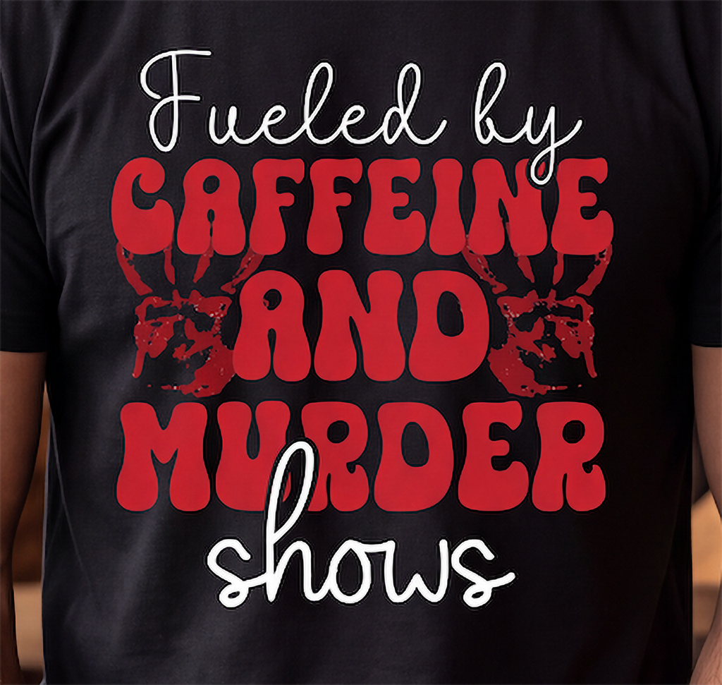 Close-up of Fueled by Caffeine and Murder Shows graphic with red retro lettering and distressed bloody handprints on black shirt