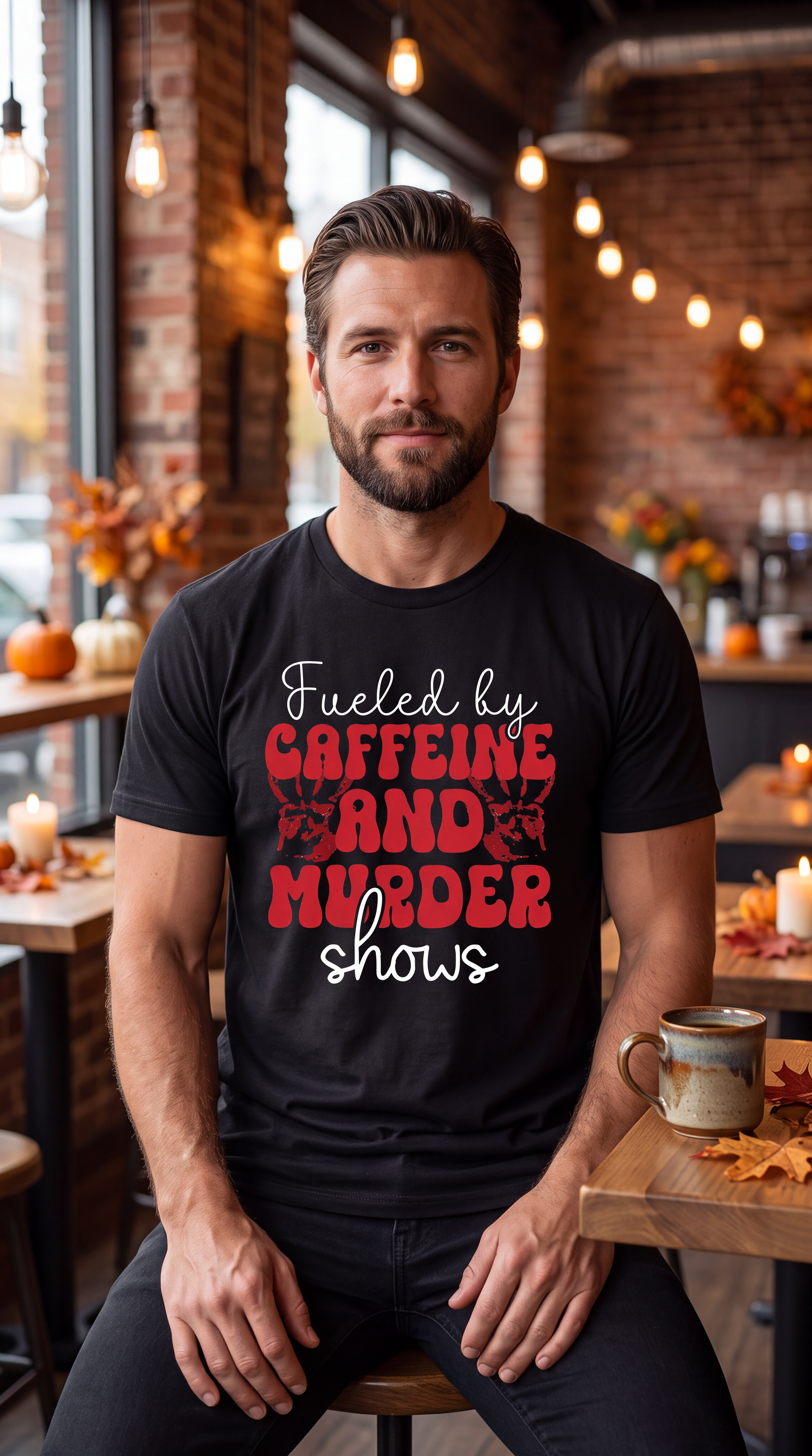 Man wearing black true crime coffee shirt with Fueled by Caffeine and Murder Shows graphic in a fall cafe setting