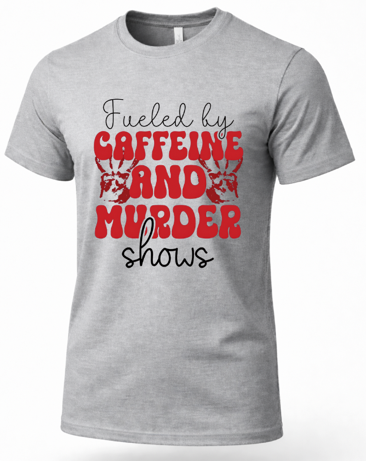 Heather Gray true crime coffee graphic T-shirt featuring retro red lettering and distressed bloody handprints