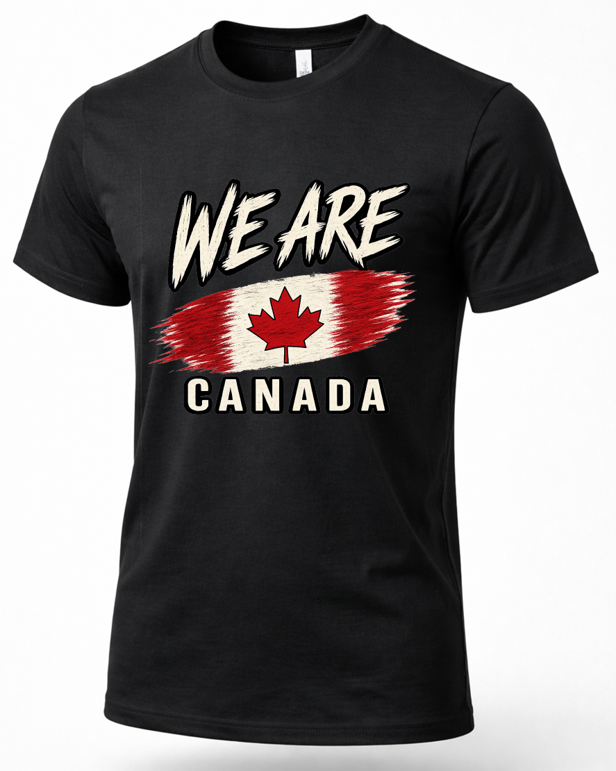 A black short-sleeve crewneck t-shirt featuring a distressed graphic print on the front with the text 'WE ARE' above a Canadian flag paint-splatter design and 'CANADA' below.
