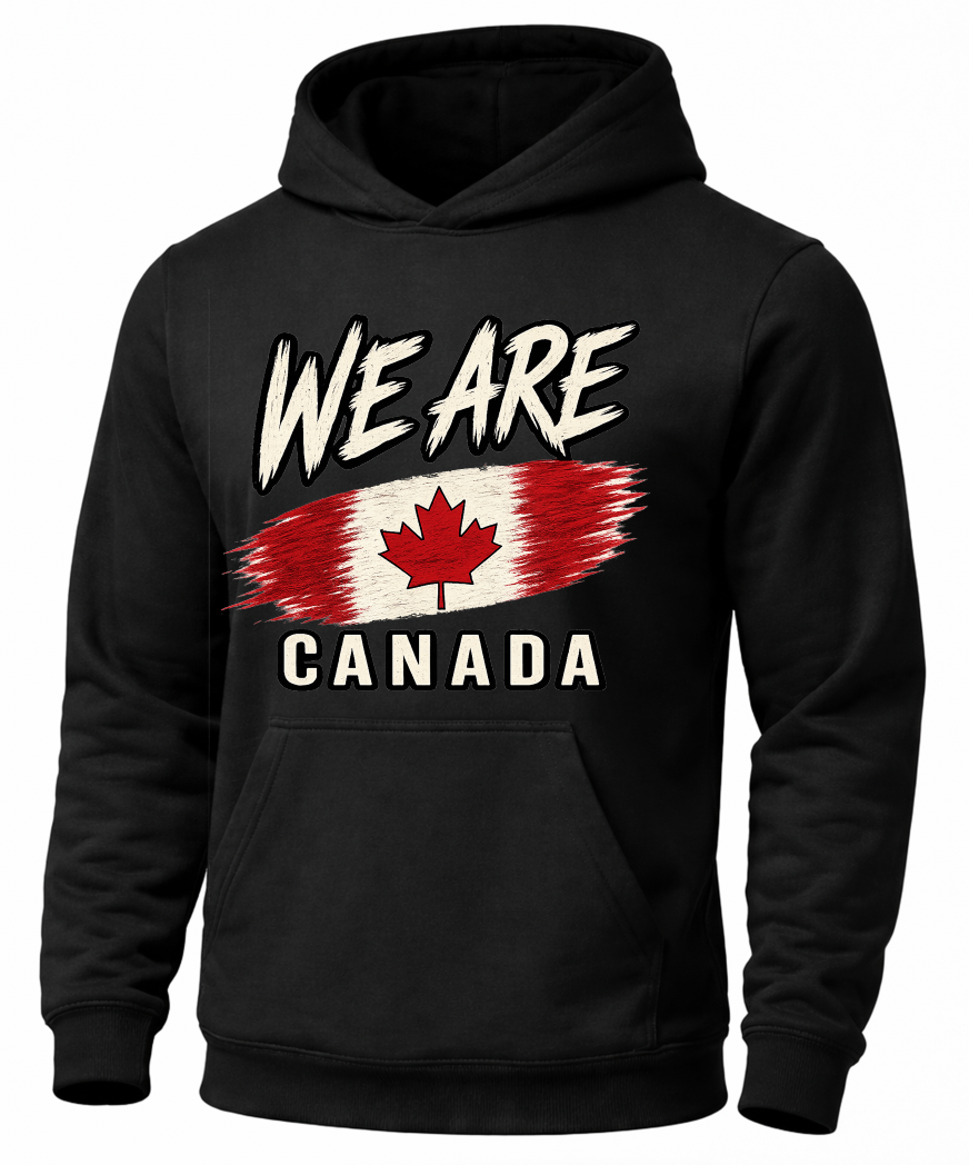 A black pullover hoodie with a distressed graphic on the front that reads 'WE ARE' above a Canadian flag design and 'CANADA' below, shown on a plain white background.