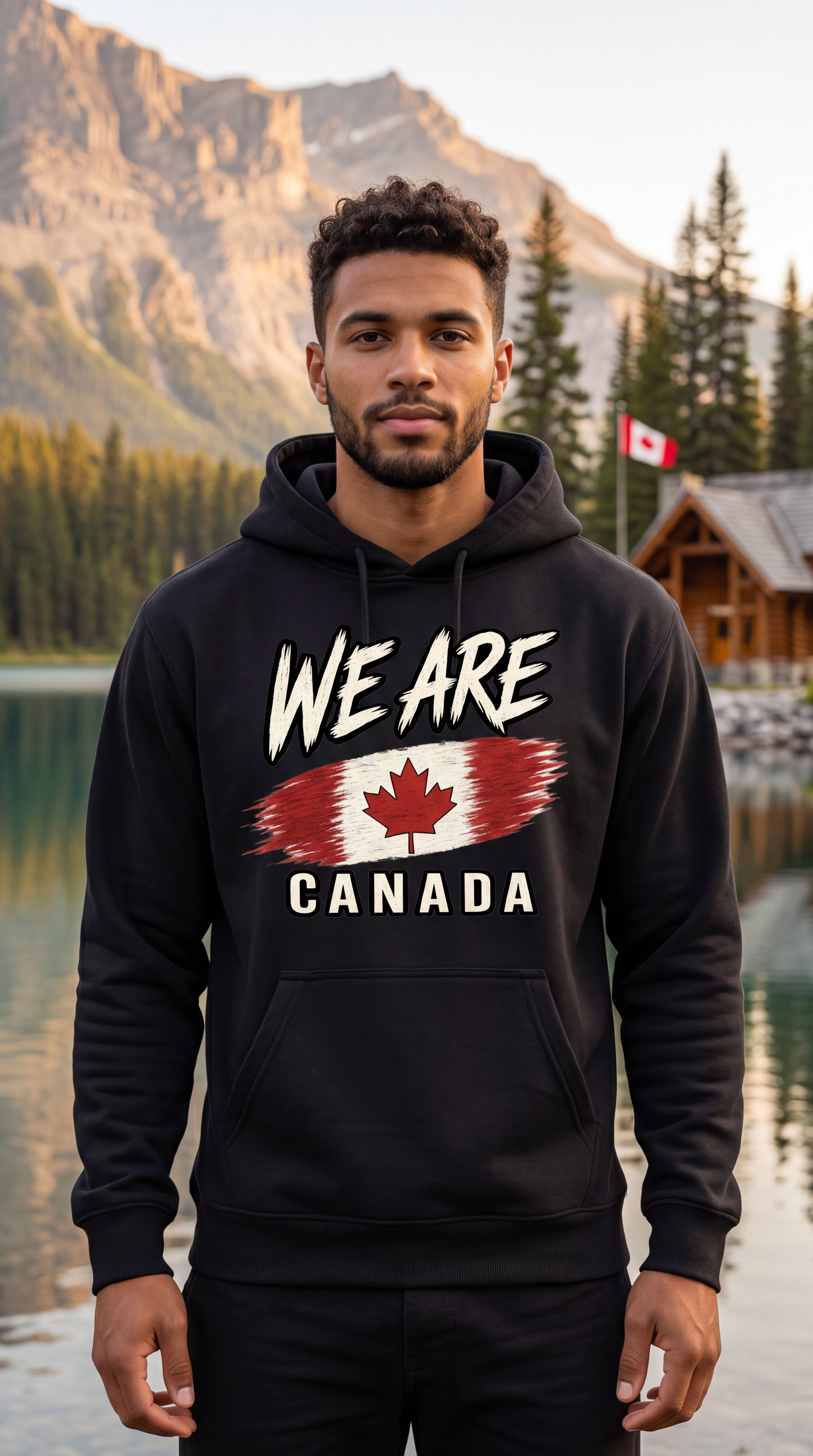 A man wearing a black hoodie with a 'WE ARE CANADA' graphic featuring a Canadian flag, standing in front of a scenic mountain and lake background.