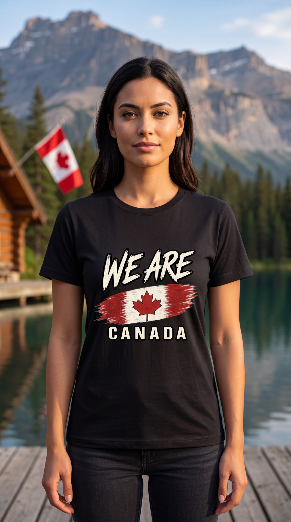 A woman stands on a wooden dock in front of a scenic mountain lake, wearing a black graphic T-shirt that reads 'WE ARE CANADA' with a stylized Canadian flag design. A Canadian flag is visible on a log cabin in the background.