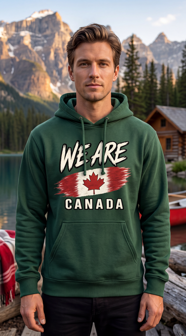 A man wearing a dark green hoodie with a 'WE ARE CANADA' graphic featuring a stylized Canadian flag, standing in front of a scenic mountain and lake background.