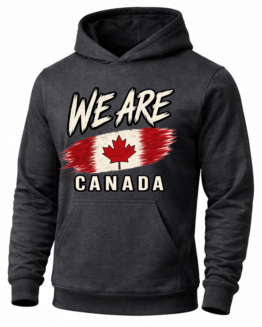 A dark charcoal gray hoodie featuring a distressed graphic on the chest with the text 'WE ARE' above a Canadian flag design and 'CANADA' below, shown on a plain white background.