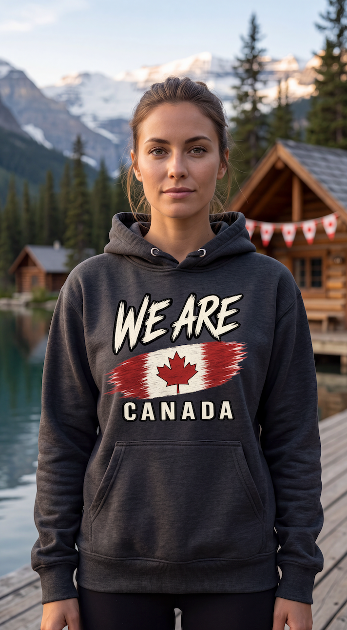 A woman wearing a dark gray hoodie with a 'WE ARE CANADA' graphic featuring the Canadian flag, standing on a wooden dock with mountains and cabins in the background.