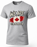 A heather gray short-sleeve t-shirt with a graphic print on the front that reads 'WE ARE' above a stylized Canadian flag and 'CANADA' below, shown on a plain white background.