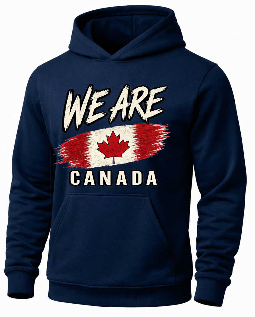 A navy blue pullover hoodie with a front graphic that reads 'WE ARE' above a stylized Canadian flag and 'CANADA' below, shown on a plain white background.