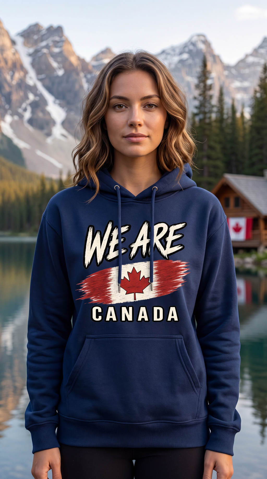 A woman stands outdoors in front of a mountain lake with a cabin in the background, wearing a navy hoodie with a front graphic that reads “WE ARE CANADA” above and below a Canadian flag design.