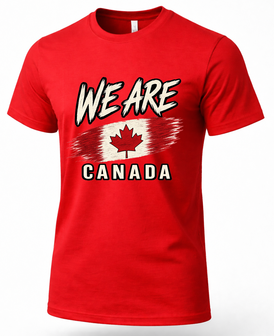 A red short-sleeve crewneck t-shirt featuring a graphic print on the front with the text 'WE ARE' above a stylized Canadian flag and 'CANADA' below.