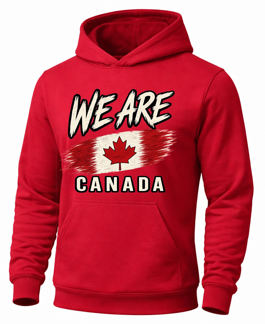 A red pullover hoodie featuring a front graphic with the text 'WE ARE' above a Canadian flag design and 'CANADA' below, shown on a plain white background.