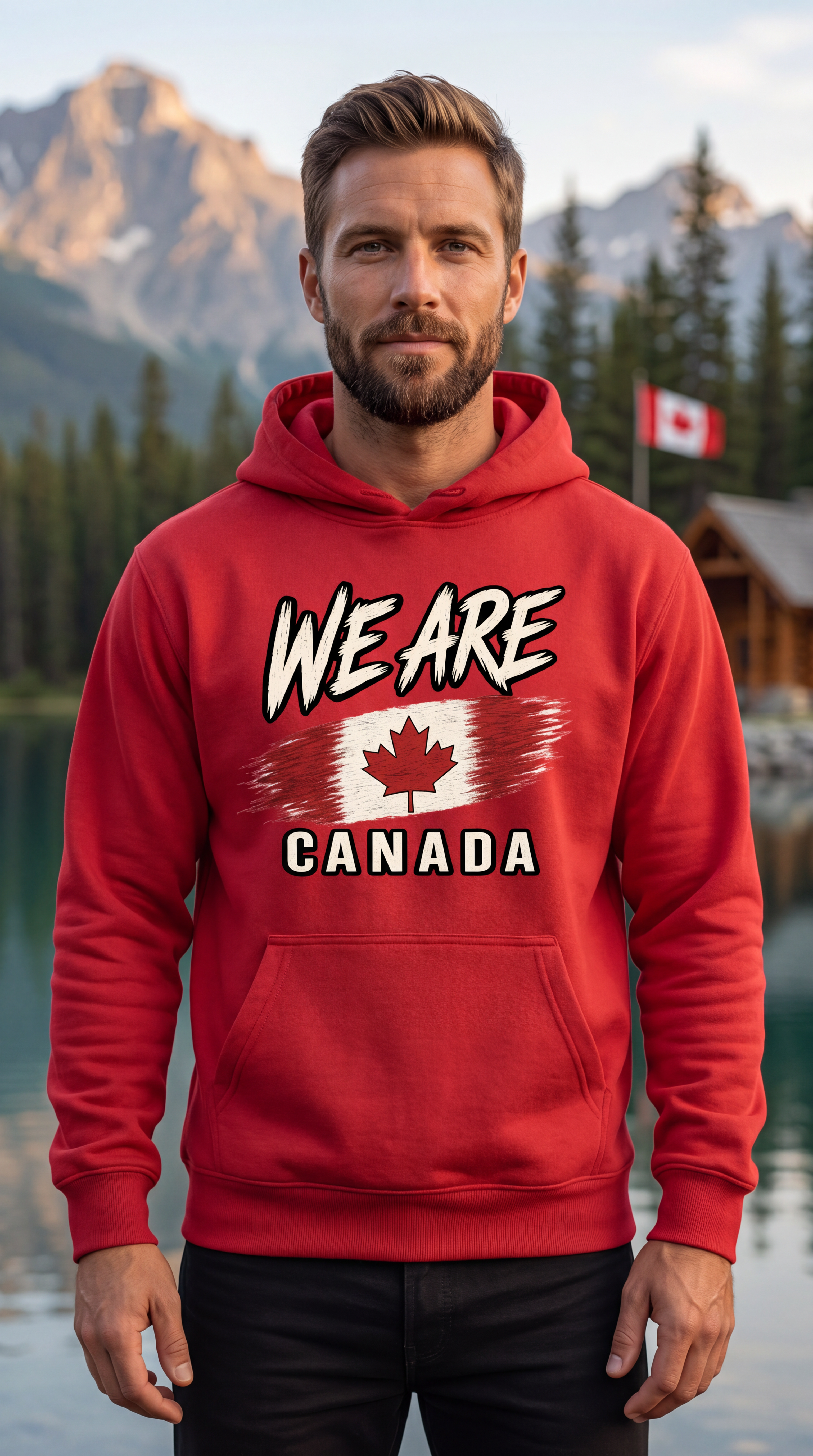 A man wearing a red hoodie with a 'WE ARE CANADA' graphic featuring a maple leaf, standing in front of a scenic mountain and lake background with a Canadian flag visible.
