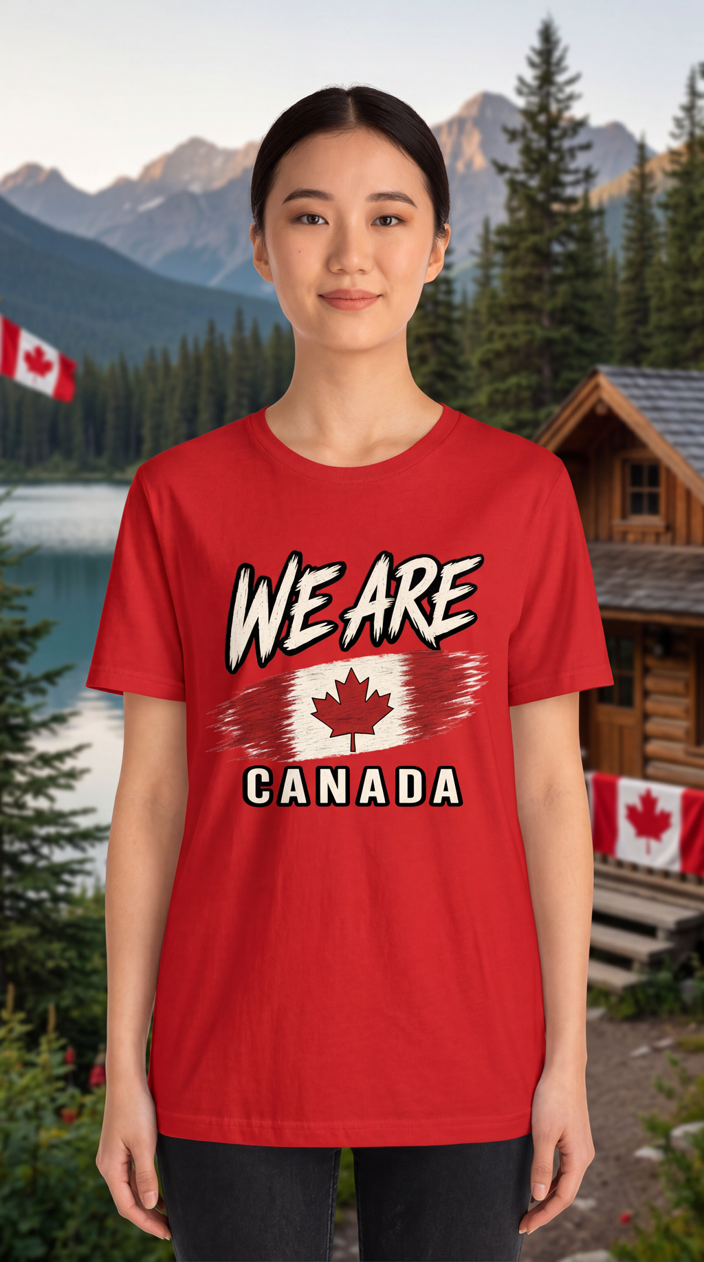 A woman wearing a red graphic t-shirt with 'WE ARE CANADA' and a Canadian flag design, set against a scenic background of a lake, mountains, and a wooden cabin.