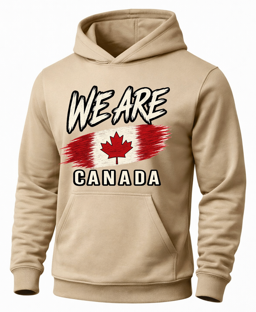 A beige pullover hoodie with a graphic on the chest that reads 'WE ARE' above a stylized Canadian flag and 'CANADA' below, shown on a plain light gray background.