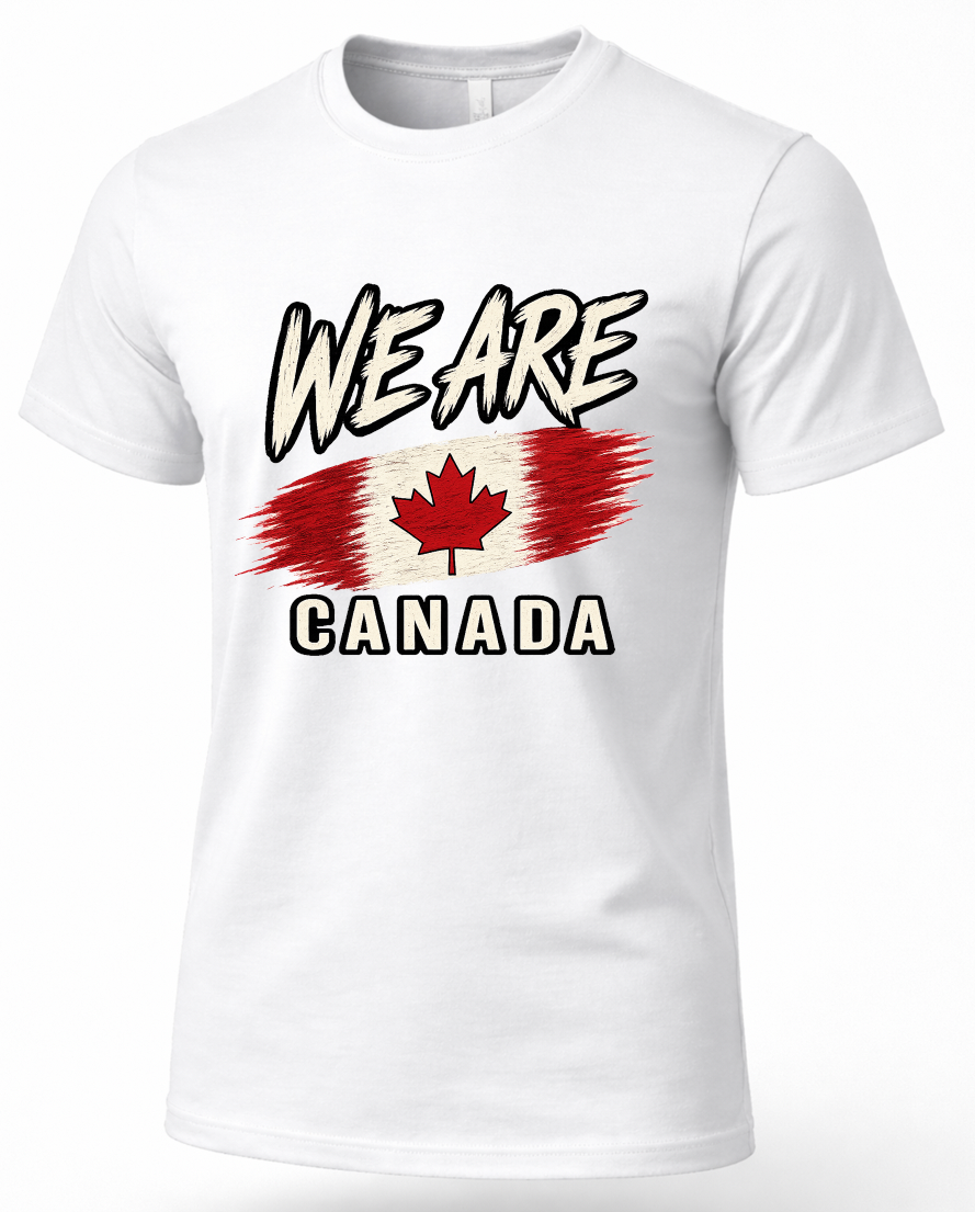 A white short-sleeve crewneck t-shirt featuring a graphic print on the front with the text 'WE ARE' above a stylized Canadian flag and 'CANADA' below.