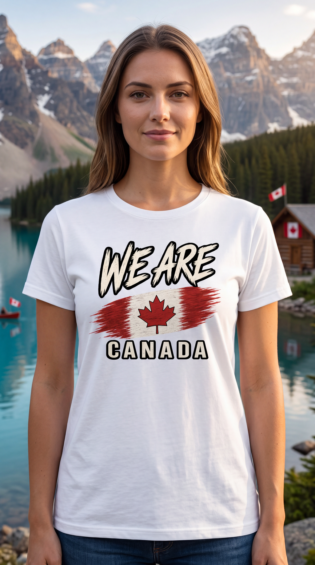 A woman wearing a white graphic t-shirt with 'WE ARE CANADA' and a Canadian flag design, set against a scenic background of a mountain lake and lodges.