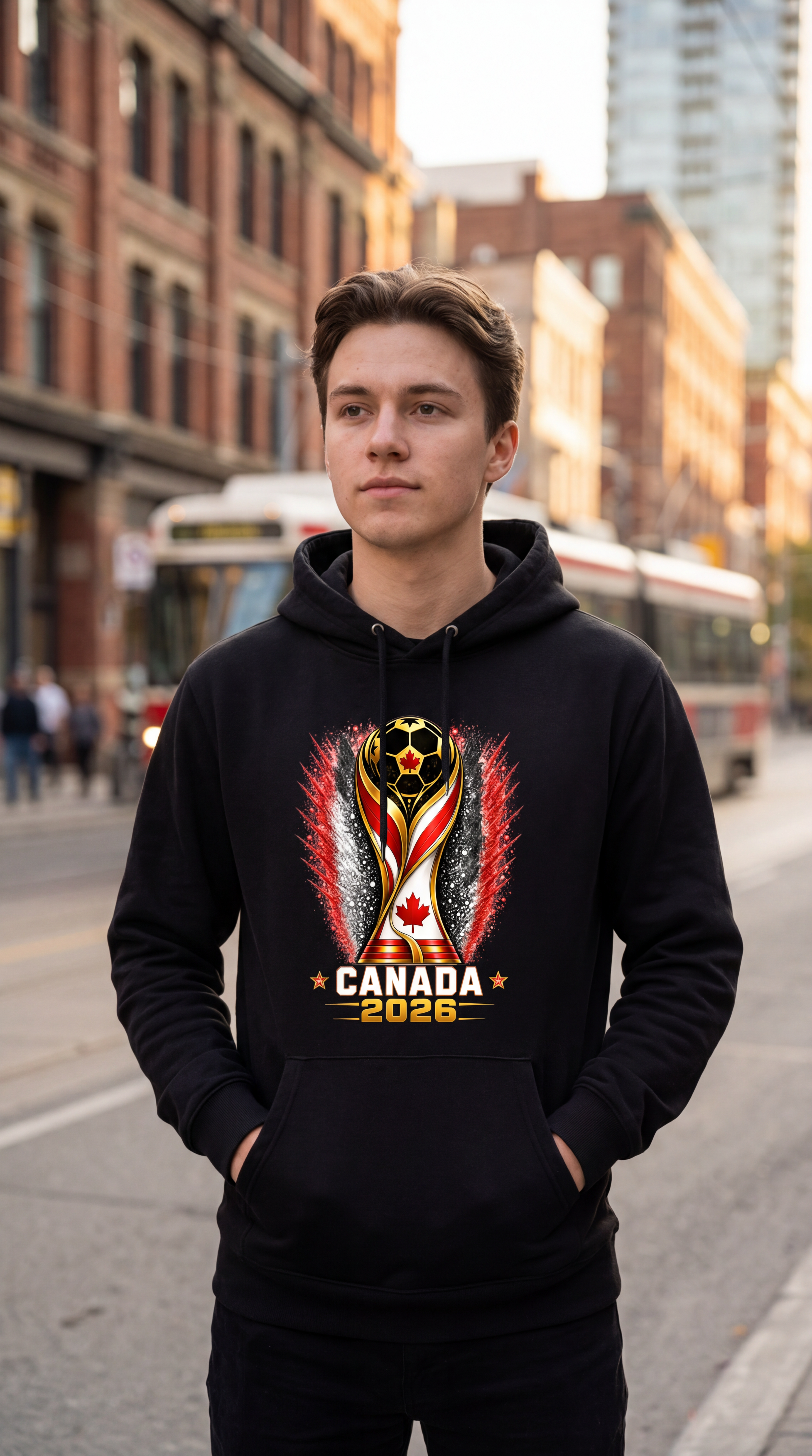 Canada 2026 soccer hoodie worn in downtown Toronto with city skyline background