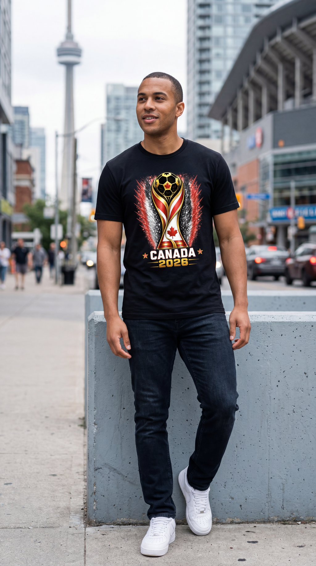 Canada 2026 soccer shirt black t-shirt worn in downtown Toronto with CN Tower background
