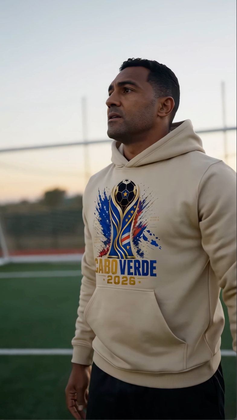 Cape Verde 2026 soccer hoodie worn by football fan on soccer field representing Cabo Verde football culture