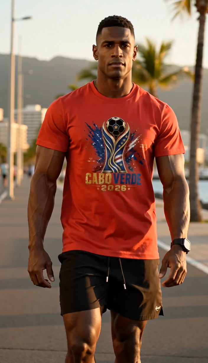 Cape Verde 2026 soccer shirt worn by football fan representing Cabo Verde pride and soccer culture