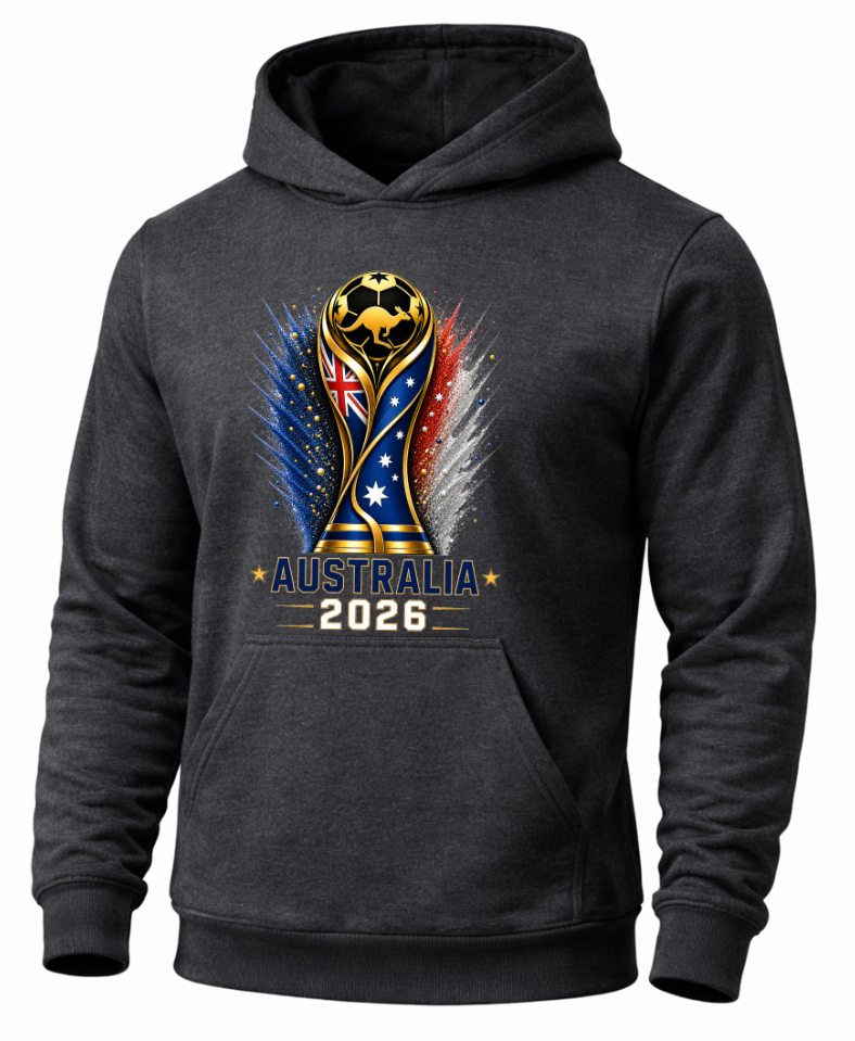 Black hoodie with Australia 2026 design on a white background