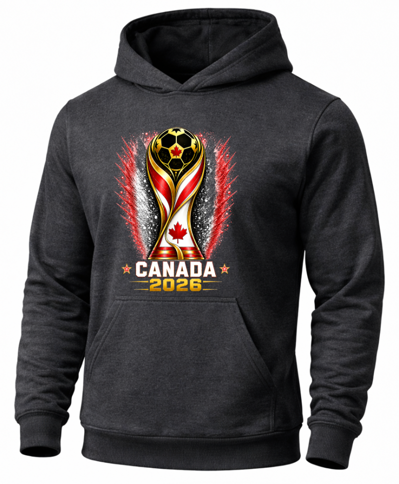 Charcoal Canada soccer fan hoodie featuring maple leaf trophy graphic