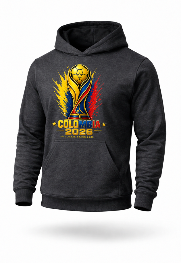 Charcoal Colombia 2026 soccer streetwear hoodie mockup featuring football-inspired graphic design