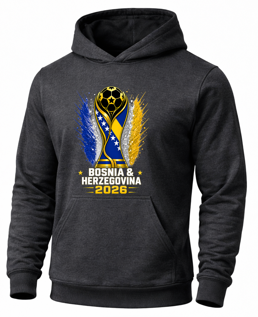 Dark gray hoodie with Bosnia and Herzegovina 2026 design on a white background